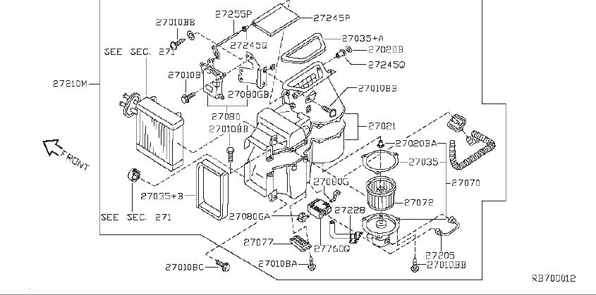 Nissan Quest Hvac heater core case (front). Blower, cooler - 27110